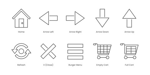 Web Outline Icons Set – Arrow Down, Arrow Left, Arrow Right, Arrow Up, Home, Refresh, Burger Menu, Empty Basket, Empty Cart, Full Basket, Editable Stroke.