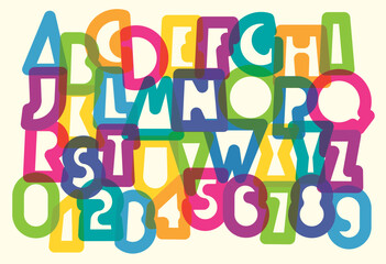 A set contours letter of simple, thick humorous geometric letterform bright colors font with a holiday and party theme. Latin alphabet letters and numbers. No AI used