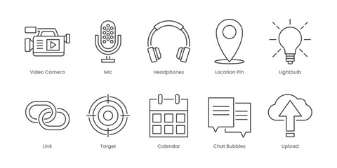 Web Outline Icons Set – Search, Trash, Video Camera, Calendar, Chat Bubbles, Download, Email, Lightbulb, Link, Location Pin, Editable Stroke.