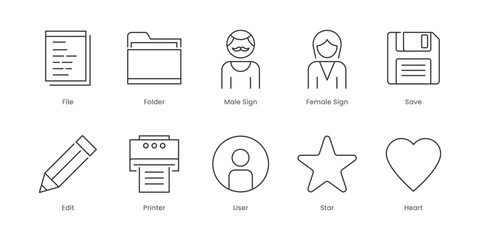Web Outline Icons Set – Settings, Edit, Female Sign, Folder, Male Sign, Printer, Save, Star, User, Brush, Editable Stroke.