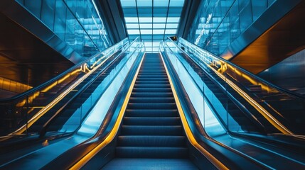 Modern escalator ascends toward bright ceiling, featuring metallic steps, glass railings, and illuminated accents within architectural structure