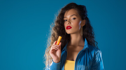 Confident woman with bold red lips holding luxury lipstick against vibrant blue background