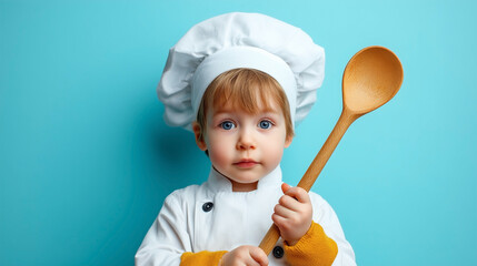 A young child wearing a chef's hat and holding a wooden spoon