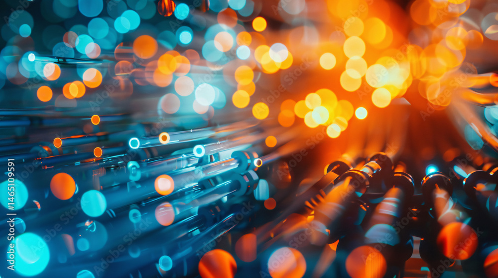 Aufkleber fiber optics transferring data creating a blurry background with orange and blue lights