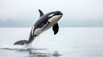 Fototapeta premium Three-quarter view of an orca jumping, white background