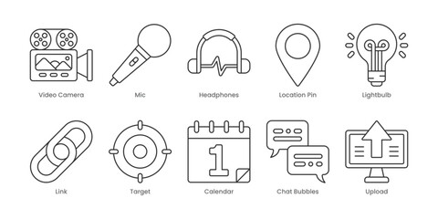 Web Outline Icons Set – Location Pin, Mic, Play, Video Camera, Calendar, Chat Bubbles, Download, Lightbulb, Link, Target, Editable Stroke.