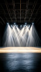 Dramatic stage lighting illuminates an empty, industrial-style space