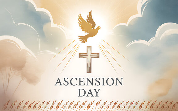 Ascension Day design with a flying dove and cross symbol, representing the Christian holiday of Christ's ascension
