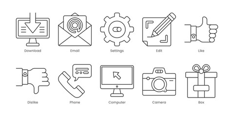Web Outline Icons Set – Upload, Computer, Dislike, Edit, Email, Like, Phone, Settings, Box, Camera, Editable Stroke.