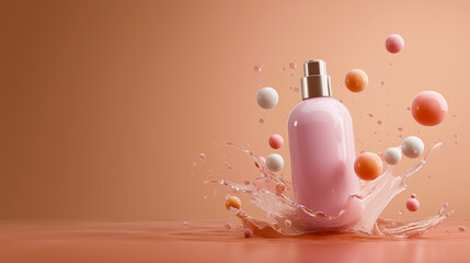 Luxurious splash of hydration with floating spheres and elegant pink cosmetic bottle on peach background