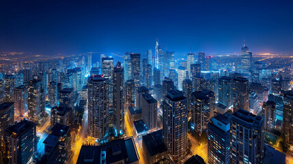 Obraz premium Panoramic view of modern city skyline at night with glowing buildings for urban development, architecture, business and futuristic cityscape concepts