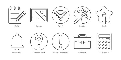Web Outline Icons Set – Star, User, Briefcase, Brush, Exclamation Mark, Notification, Palette, Question Mark, Wi-Fi, Calculator, Editable Stroke.