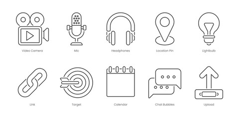 Web Outline Icons Set – Play, Search, Sign Out, Trash, Video Camera, Calendar, Chat Bubbles, Dislike, Download, Edit, Editable Stroke.