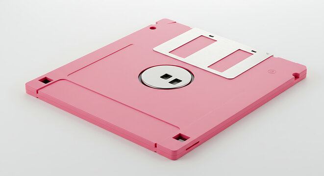 A vibrant pink 3.5-inch floppy disk, an iconic piece of outdated computer data storage media widely used in the 1980s and 1990s, is presented