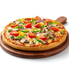 A delicious pizza on a wooden board. The pizza is topped with cheese, tomato slices, mushrooms, and onions