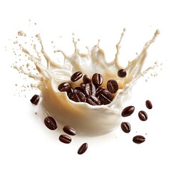 Fototapeta premium A dynamic splash of creamy liquid, possibly milk or coffee, is frozen in time against a stark white background