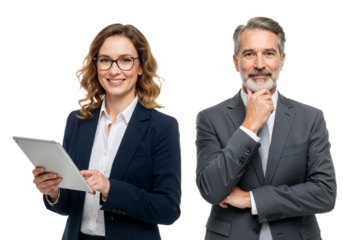 Man and woman with a tablet isolated on a transparent background