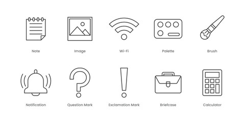 Web Outline Icons Set – Image, Note, Palette, Wi-Fi, Brush, Notification, Question Mark, Briefcase, Calculator, Exclamation Mark, Editable Stroke.