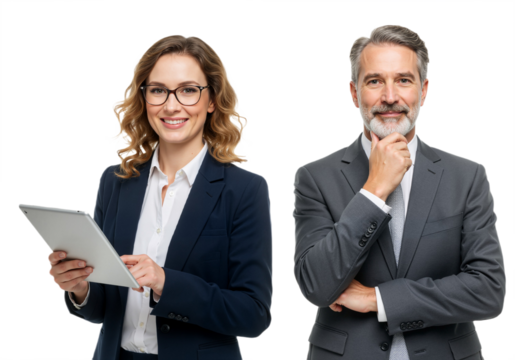 Man and woman with a tablet isolated on a transparent background