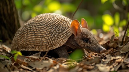 A baby armadillo resting in the shade, with its shell partially opened, in a calm, relaxed pose.