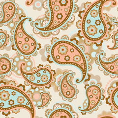 paisley and Indian flower motifs. damask style seamless pattern for textile and decoration, paisley abstract shape of baroque geometric ornaments Textile, blue, brown, beige