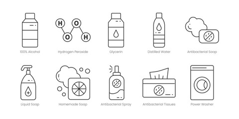 Hygiene  Outline Icons Set – Air Spray Can, Devices Cleaning, Fluoride Protection, Liquid Filter Vacuum Cleaner, Robot Vacuum Cleaner, Body Wash, Ear Sticks, Ear Wax Cleaning, Editable Stroke.