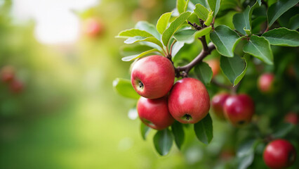 Red apples on branch in garden, symbolizing natural harvest and healthy food. Ideal for illustrating concepts of agriculture, organic food, and seasonal fruit picking.