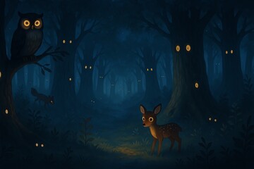 A cute illustration of an owl and little deer at night in forest