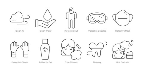 Hygiene  Outline Icons Set – Clean Air, Clean Water, Protective Goggles, Protective Mask, Protective Suit, Antiseptic Gel, Face Cleaner, Flossing, Hair Products, Protective Gloves, Editable Stroke.