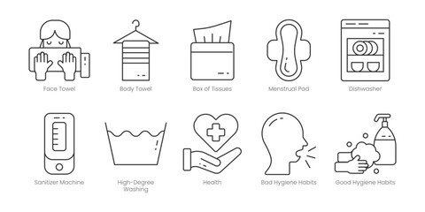 Hygiene  Outline Icons Set – Face Towel, Flossing, Hair Products, Dishwasher, Health, High-Degree Washing, Menstrual Pad, Sanitizer Machine, Air Spray Can, Bad Hygiene Habits, Editable Stroke.