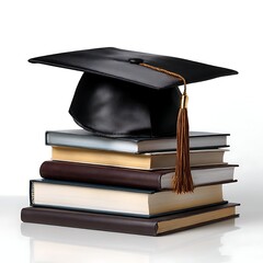 A graduation cap sits atop a stack of books against a white background