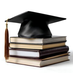 A graduation cap sits atop a stack of books against a white background