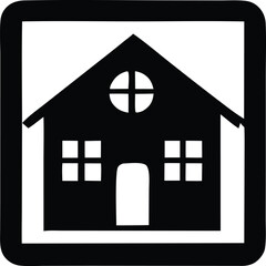 A black silhouette vector illustration presents a house icon, isolated on white, symbolizing real estate and residential architecture design