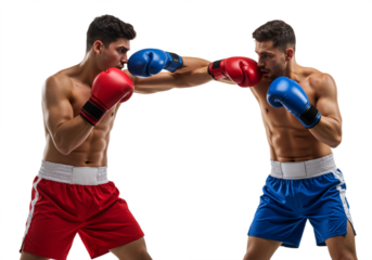 Two professional boxers are punching and fighting in a boxing match, isolated on a background