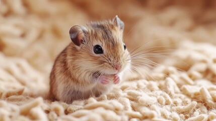 A baby gerbil interacting with a piece of soft bedding, showing its playful nature.