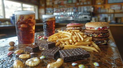 Unhealthy food spread on a bar top
