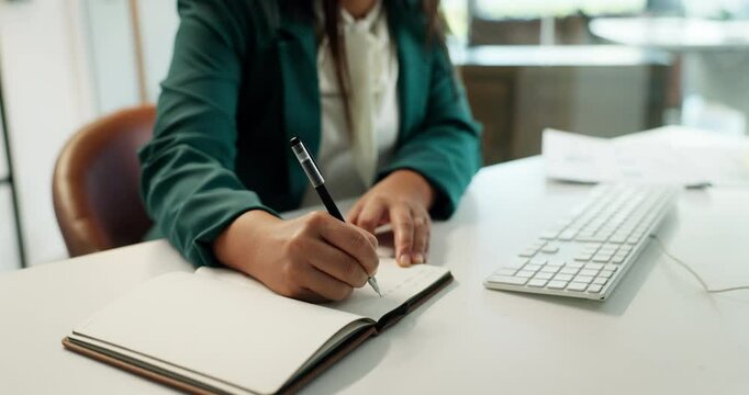 Hands, business woman and writing notes for to do list, idea or receptionist with appointment booking. Journal, reminder or pen for information, planning or secretary with schedule for memo in office