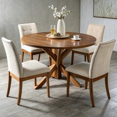 Round Oak Dining Table with Beige Upholstered Chairs
