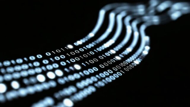 Waved flowing binary code on black background