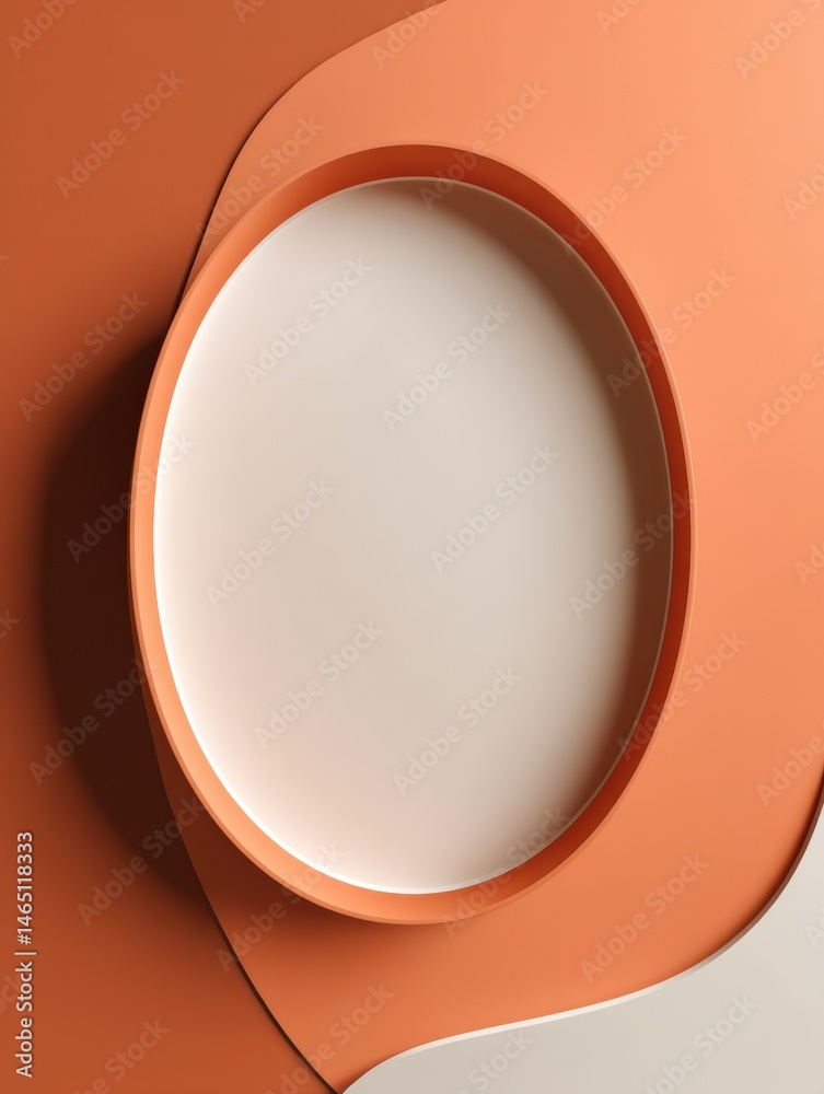 Poster Muted Orange Backdrop Features a Clean White Oval Centered on a Softly Curved Surface in a Minimalist Design Generative AI