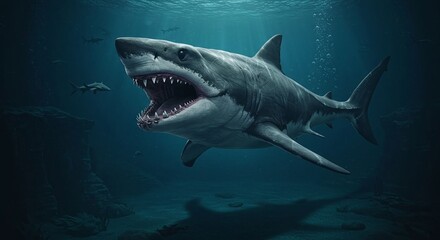 Fototapeta premium Great White Shark Open Mouth Underwater Predator with Sunlight Rays