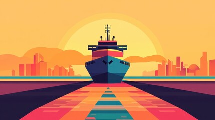 Cargo ship flat design front view global shipping theme animation Triadic Color Scheme. 