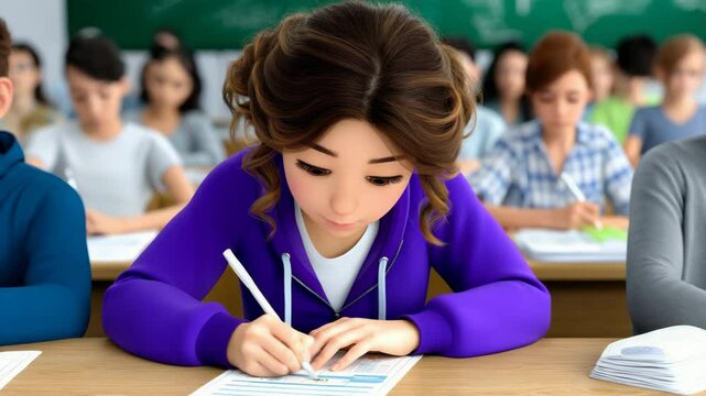 Cartoon-style young female student sitting at a desk, focused on writing a test during an entrance exam. Animated classroom scene with academic atmosphere. AI generative 4K video.