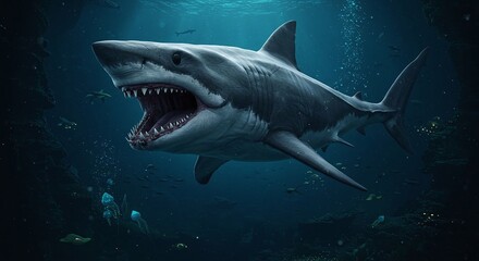 Obraz premium Great White Shark Swimming Underwater with Open Mouth in Deep Ocean