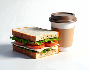 Sandwich with ham, cheese, lettuce, and tomato on white background