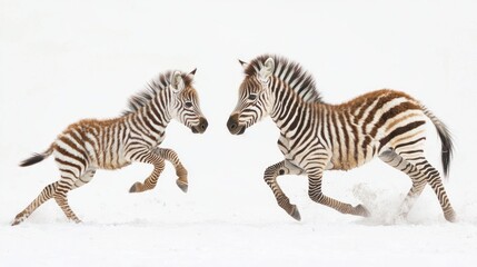 Obraz premium A baby zebra running playfully next to its mother, looking joyful, on a white background
