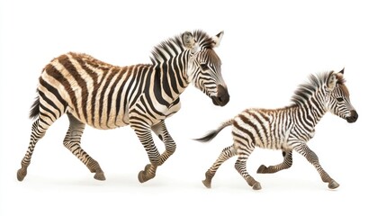 Fototapeta premium A baby zebra running playfully next to its mother, looking joyful, on a white background