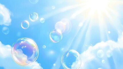 Colorful soap bubbles floating in the air, sunlight background.