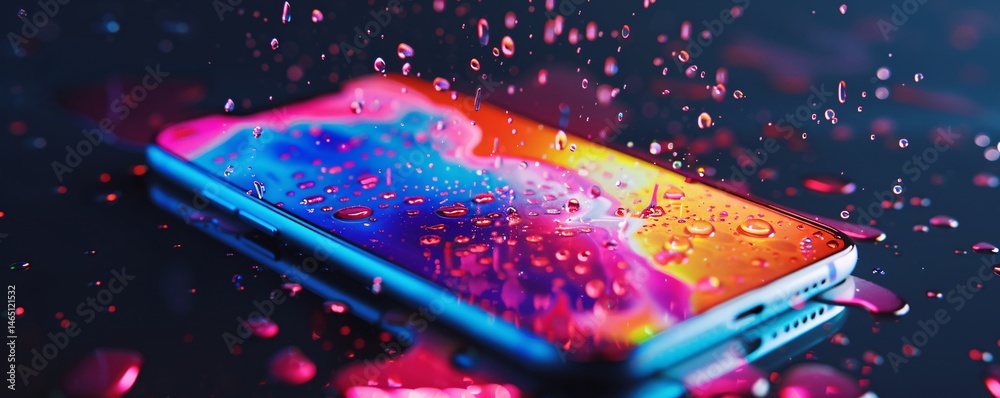 Poster modern smartphone with a colorful screen is laying in water and getting wet with rain drops
