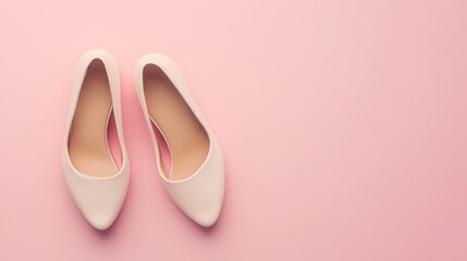 Pair of light beige heels on a pink background